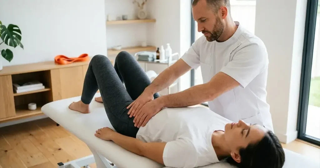 Riabilitazione del pavimento pelvico a domicilio in Lombardia: un fisioterapista specializzato esegue manovre di terapia manuale per il recupero funzionale della zona pelvica direttamente a casa della paziente.