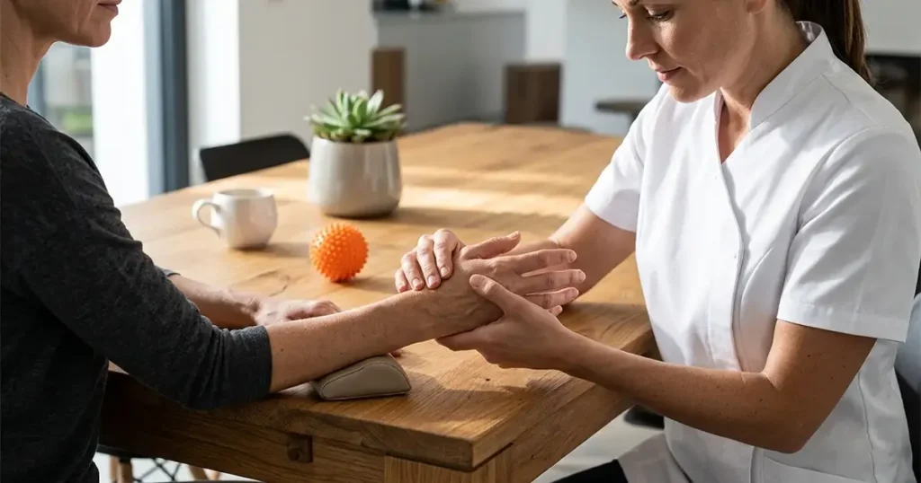 Riabilitazione della mano a domicilio in Lombardia: una terapista specializzata esegue manovre di mobilizzazione e terapia manuale per il recupero funzionale della mano e del polso direttamente al domicilio del paziente.
