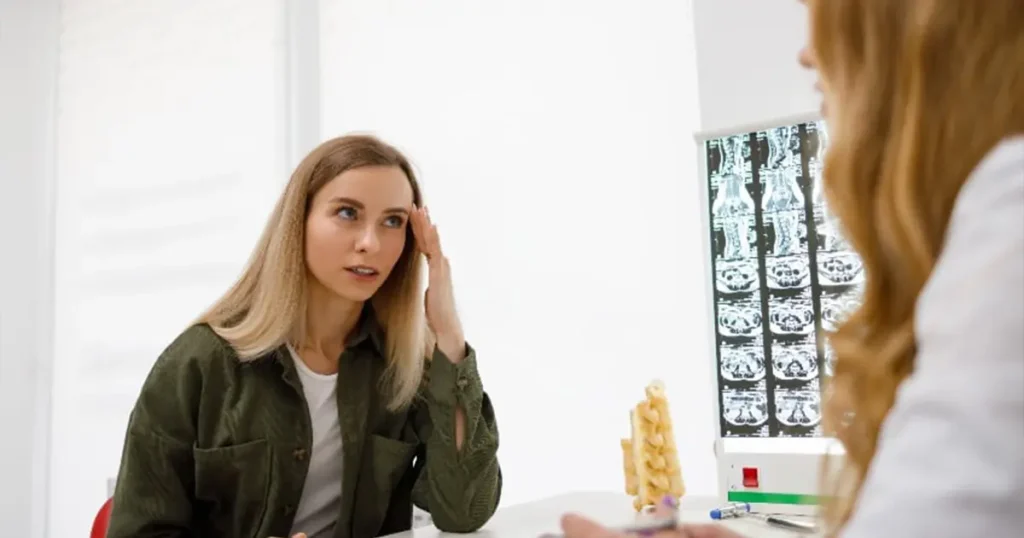 Visita neurologica a domicilio in Lombardia: un medico specialista analizza i sintomi e i referti diagnostici di una paziente durante un consulto neurologico eseguito a casa.